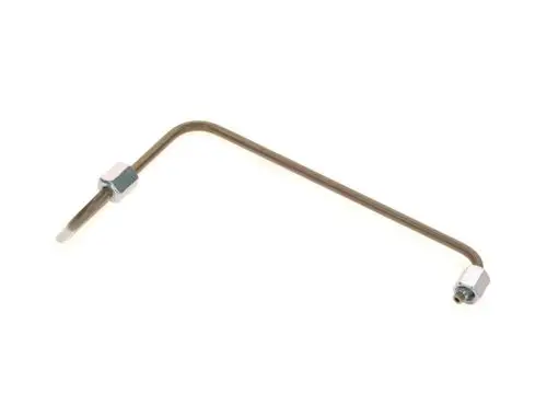 Bosch Ölrohr mit gebogenem Design und zwei Anschlussbefestigungen auf beiden Seiten, aus metallischen Materialien gefertigt.